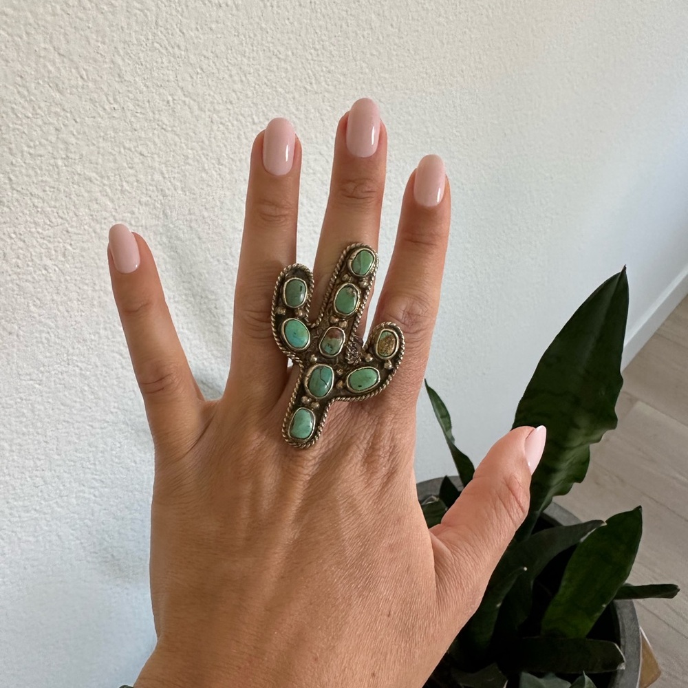 Turquoise Sterling Silver Cactus Statement Ring- Adjustable - Picture 2 of 12